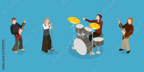 3D Isometric Flat Vector Conceptual Illustration of Rock Music Band, Singer Stage Performance