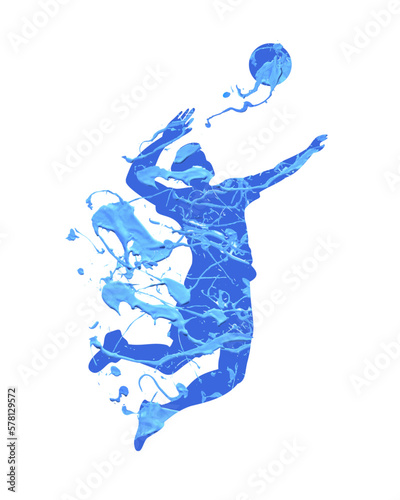 Man playing volleyball silhouette. Vector icon of blue paint on white background