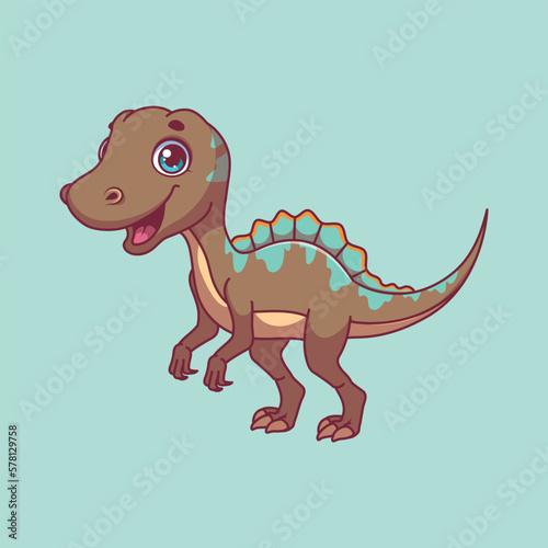 Illustration of a cartoon spinosaurus on colorful background