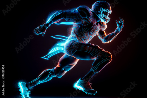 American football player with bright glowing abstract lines. Generative ai