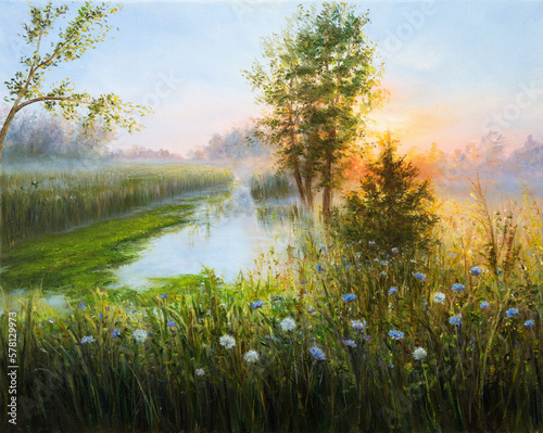 Original  oil painting of beautifl  spring landscape,misty sunrise over lake on canvas.Modern Impressionism, modernism,marinism. photo