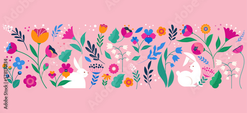 Hello spring, Summer time, Happy Easter, decorated modern style card, banner. Bunnies, flowers and basket. Colorful minimalist design