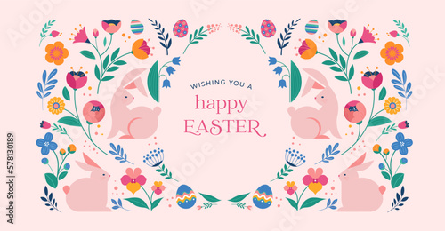 Happy Easter, decorated geometric style Easter card, banner. Bunnies, Easter eggs, flowers and basket. Modern minimalist design