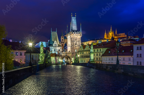 Night view of Charles Bridge in Prague, Czech Republic. The Charles Bridge is one of the most visited sights in Prague. Architecture and landmark of Prague