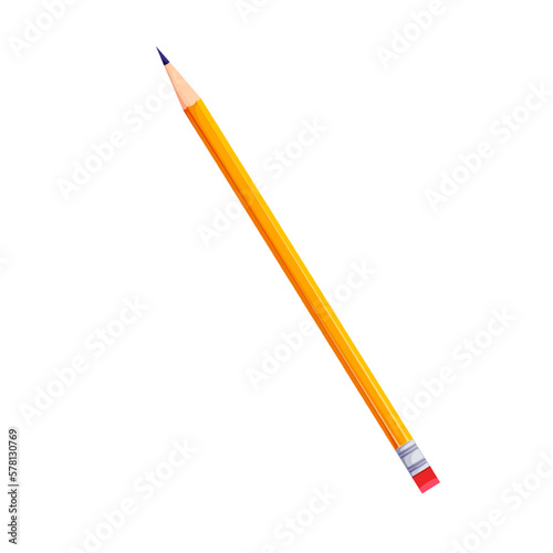 Wooden pencil vector illustration. Cartoon isolated yellow wood pencil with black sharp lead and rubber eraser on tips to write and erase drawings from paper, artists tool and school stationery