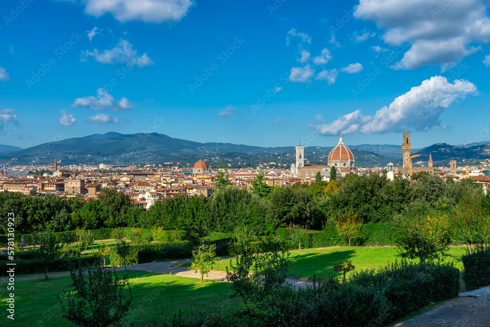 Aerial view of Florence with Cathedral of Santa Maria del Fiore (Duomo)and Palazzo Vecchio, Italy. Architecture and landmark of Florence. Florence cityscape