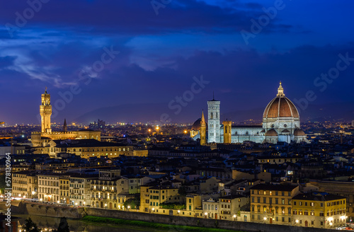 Night view of Florence, Palazzo Vecchio and Florence Duomo, Italy. Architecture and landmark of Florence. Night cityscape of Florence. © Ekaterina Belova