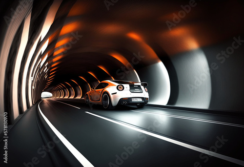 Ai-Generated 3D Render of a Racecar Driving Fast Through a Tunnel at Night