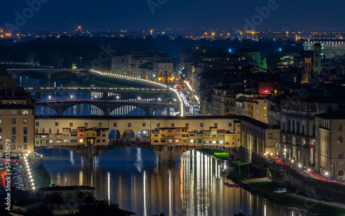 Night view of Ponte Vecchio over Arno River in Florence  Italy. Architecture and landmark of Florence. Cityscape of Florence