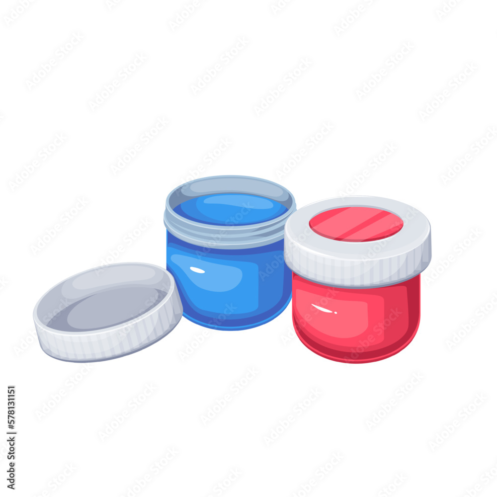Paint bottles set vector illustration. Cartoon isolated gouache paint in round plastic jars with red and blue pigment, open and closed cap, small containers for craft hobby of painter, school supplies Paint bottles set vector illustration. Cartoon isolated gouache paint in round plastic jars with red and blue pigment, open and closed cap, small containers for craft hobby of painter, school supplies