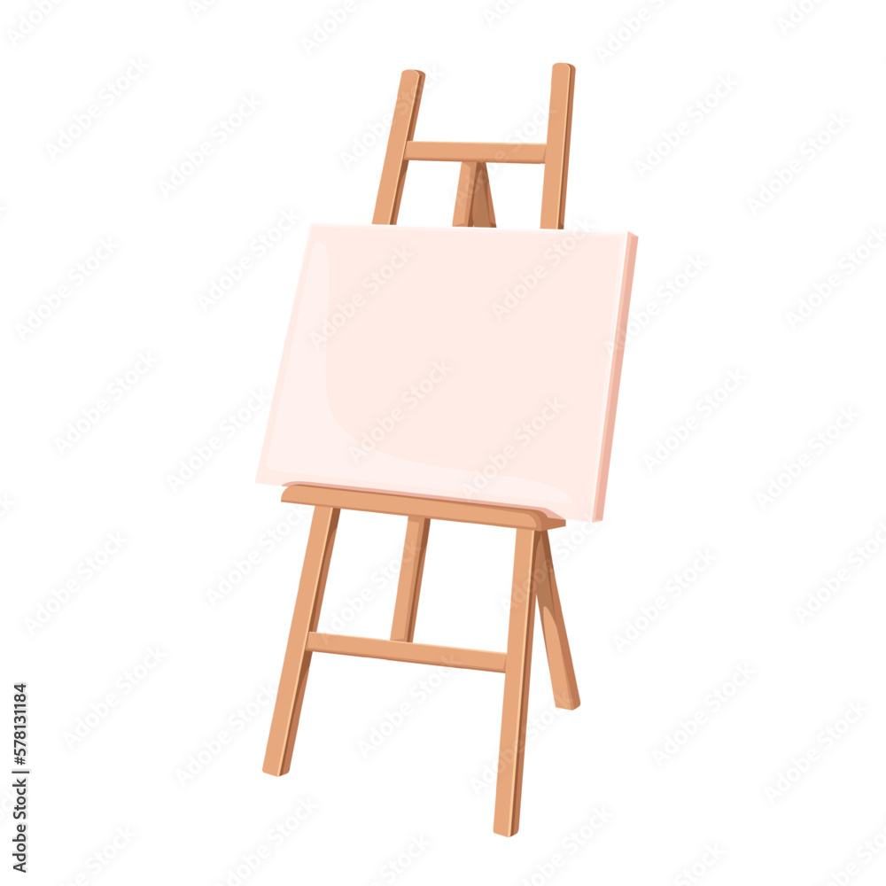 Easel with white empty canvas on board vector illustration. Cartoon isolated blank wooden stand for painters and artists work in art studio, easel tripod for artwork picture or poster presentation