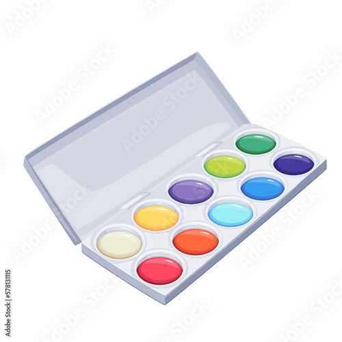 Open box of watercolor paints vector illustration. Cartoon isolated plastic paintbox with round colour palette for creative art workshop of school children, watercolor case of artists and painters