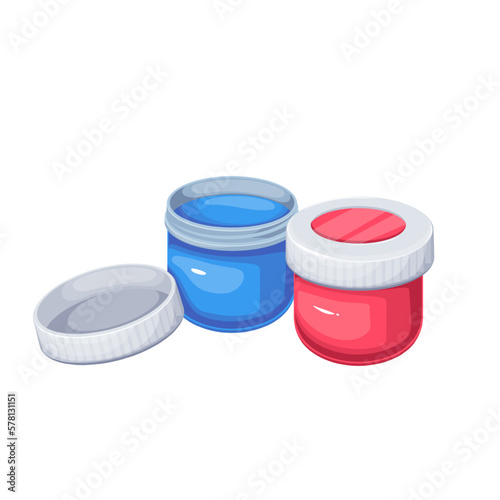 Paint bottles set vector illustration. Cartoon isolated gouache paint in round plastic jars with red and blue pigment, open and closed cap, small containers for craft hobby of painter, school supplies