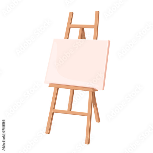 Easel with white empty canvas on board vector illustration. Cartoon isolated blank wooden stand for painters and artists work in art studio, easel tripod for artwork picture or poster presentation