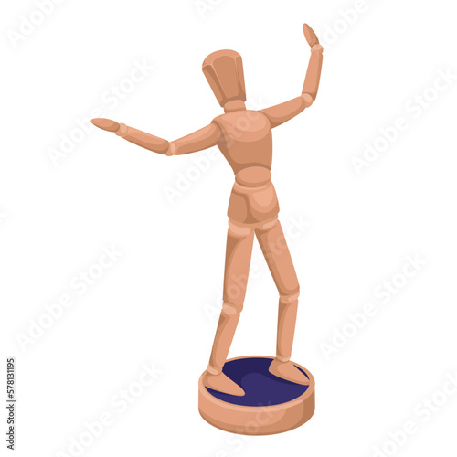 Wooden mannequin vector illustration. Cartoon isolated wood model of man on stand podium, human doll figure in standing pose with hands up, posing dummy mannequin for artist sketch, study of anatomy