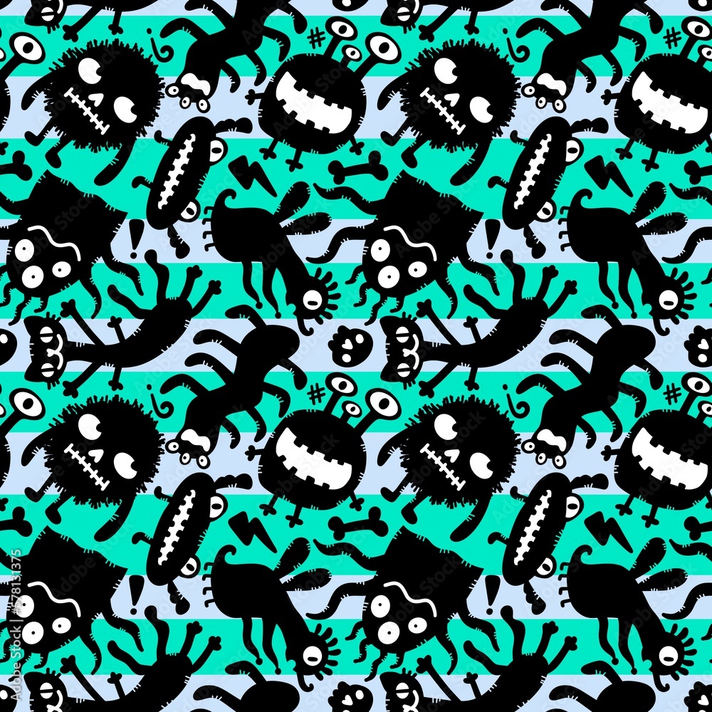 Obraz premium Cartoon monsters seamless emoticons aliens pattern for kids clothes print and wrapping paper and fabrics