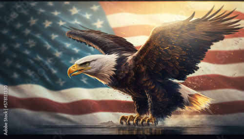  Bald eagle flies against American flag background created with generative AI technology