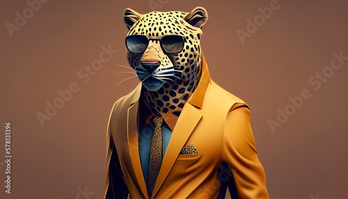 Fashion jaguar in color suit with sunglasses on a solid color background, vector art, digital art, faceted, minimal, abstract, geometric. Generative AI.
