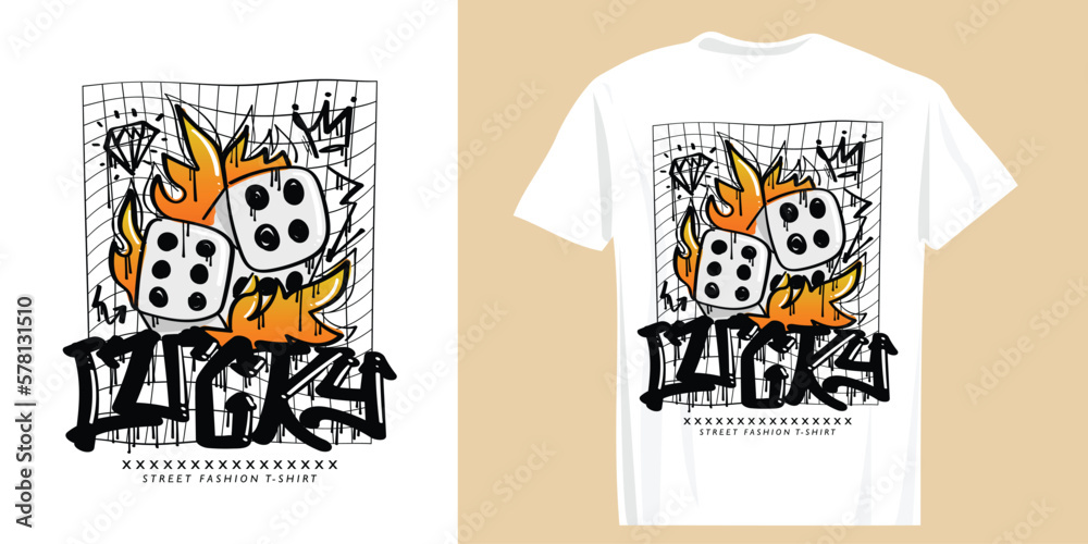 Lucky graffiti style text. Dice and flame drawing. Vector illustration