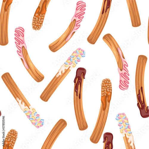 Churros sticks seamless pattern vector illustration. Cartoon isolated churros dipped in chocolate or caramel sauce, strawberry icing with pieces of nuts and sweet candy decoration, crunchy snack