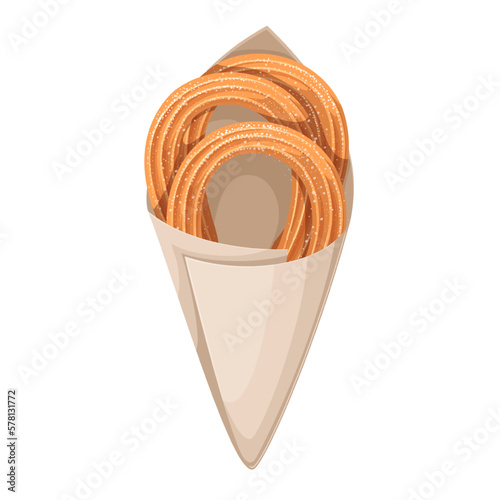 Churros in cone paper bag vector illustration. Cartoon isolated churro sticks in sugar powder cover, group of sweet crunchy traditional cookies of Portuguese and Spanish cuisine and street food