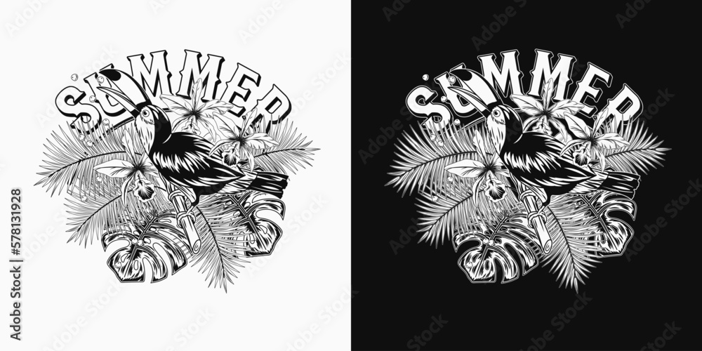 Label with toucan bird, tropical foliage, orchid, text Summer. Bird sitting on tree branch and eating seeds. Detailed illustration for prints, clothing, t shirt design Label with toucan bird, tropical foliage, orchid, text Summer. Bird sitting on tree branch and eating seeds. Detailed illustration for prints, clothing, t shirt design