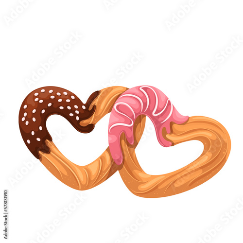 Churro hearts vector illustration. Cartoon isolated fried sweet biscuit dipped in chocolate sauce with candy and strawberry pink syrup with icing, dessert for breakfast in Spanish or Mexican cuisine