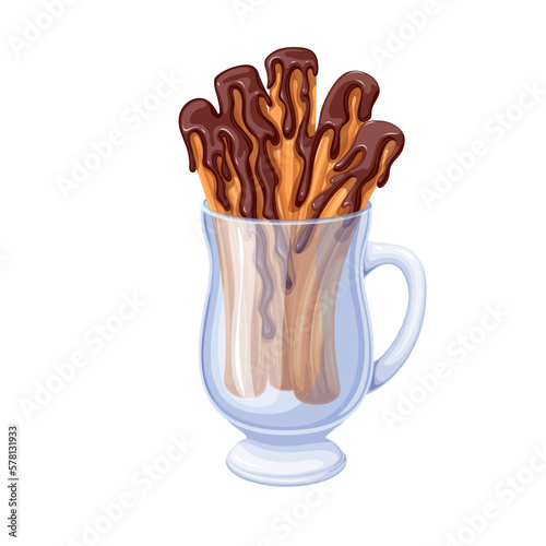 Bunch of churros in glass cup vector illustration. Cartoon isolated transparent mug with handle full of churro sticks with chocolate sauce, crunchy sweet food and delicious snack for breakfast