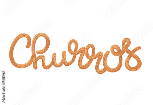 Churros lettering with sweet sticks font vector illustration. Cartoon isolated churro snacks and traditional Mexican and Spanish sweet food in typography poster design for tasty restaurant menu photo