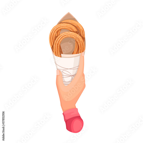 Hand holding paper bag with heap of churros vector illustration. Cartoon isolated hand of person eating stack of churro sticks in sugar powder cover from container, traditional takeaway street food