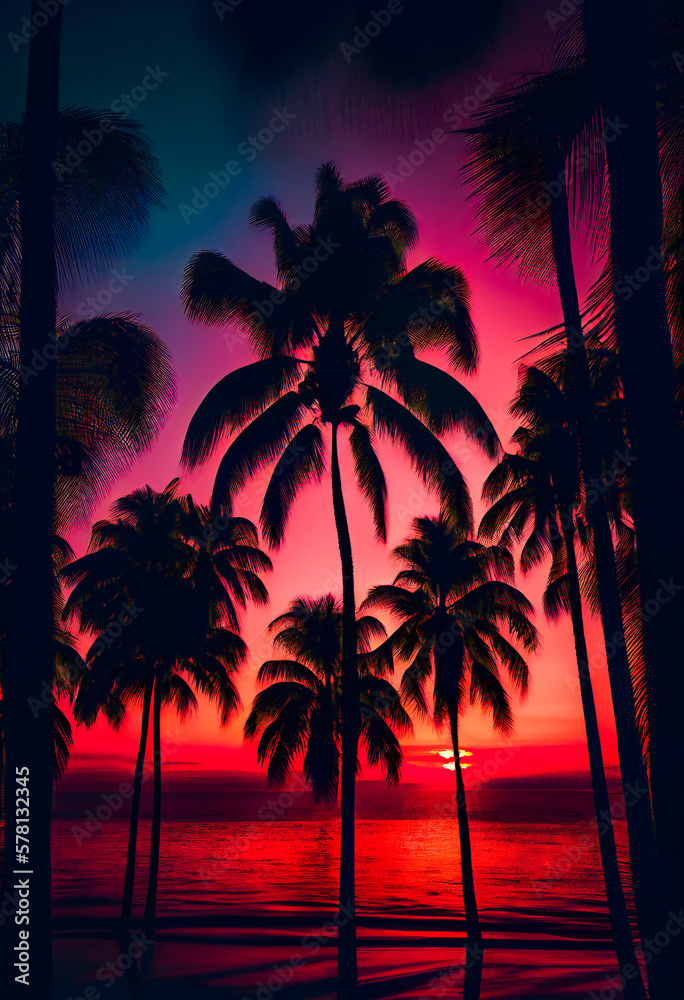 Blue palm trees at sunset.  Generative AI.