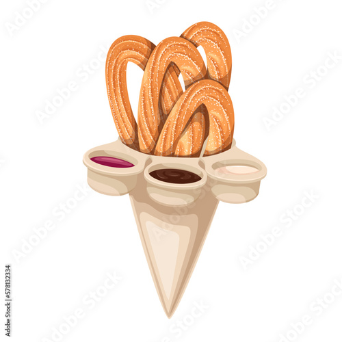 Churros heap in cone bag with different sauces vector illustration. Cartoon isolated pile of churro sticks in sugar powder cover wrapped in plastic package with round cups full of sweet tasty dips
