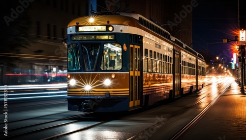 A night scene of Yonge Street in Toronto featuring streetcars in motion. photo
