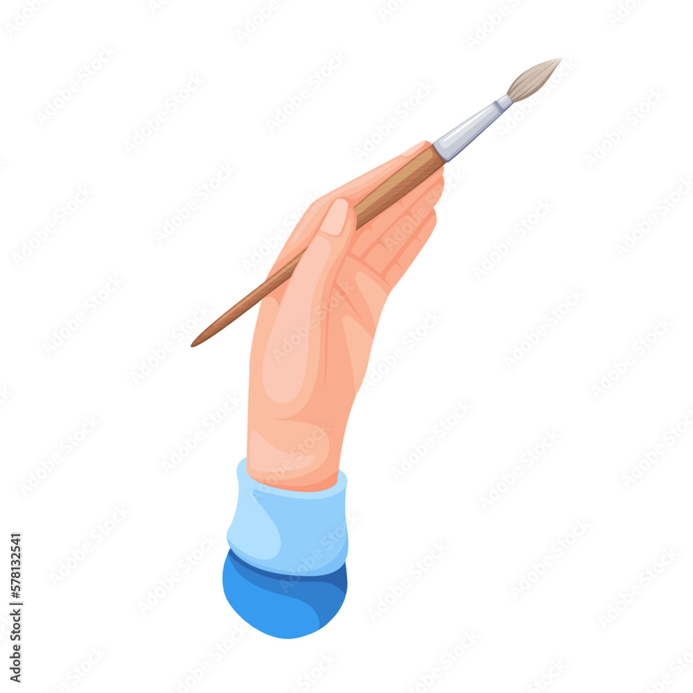 Artists hand holding brush to draw vector illustration. Cartoon isolated painter drawing with