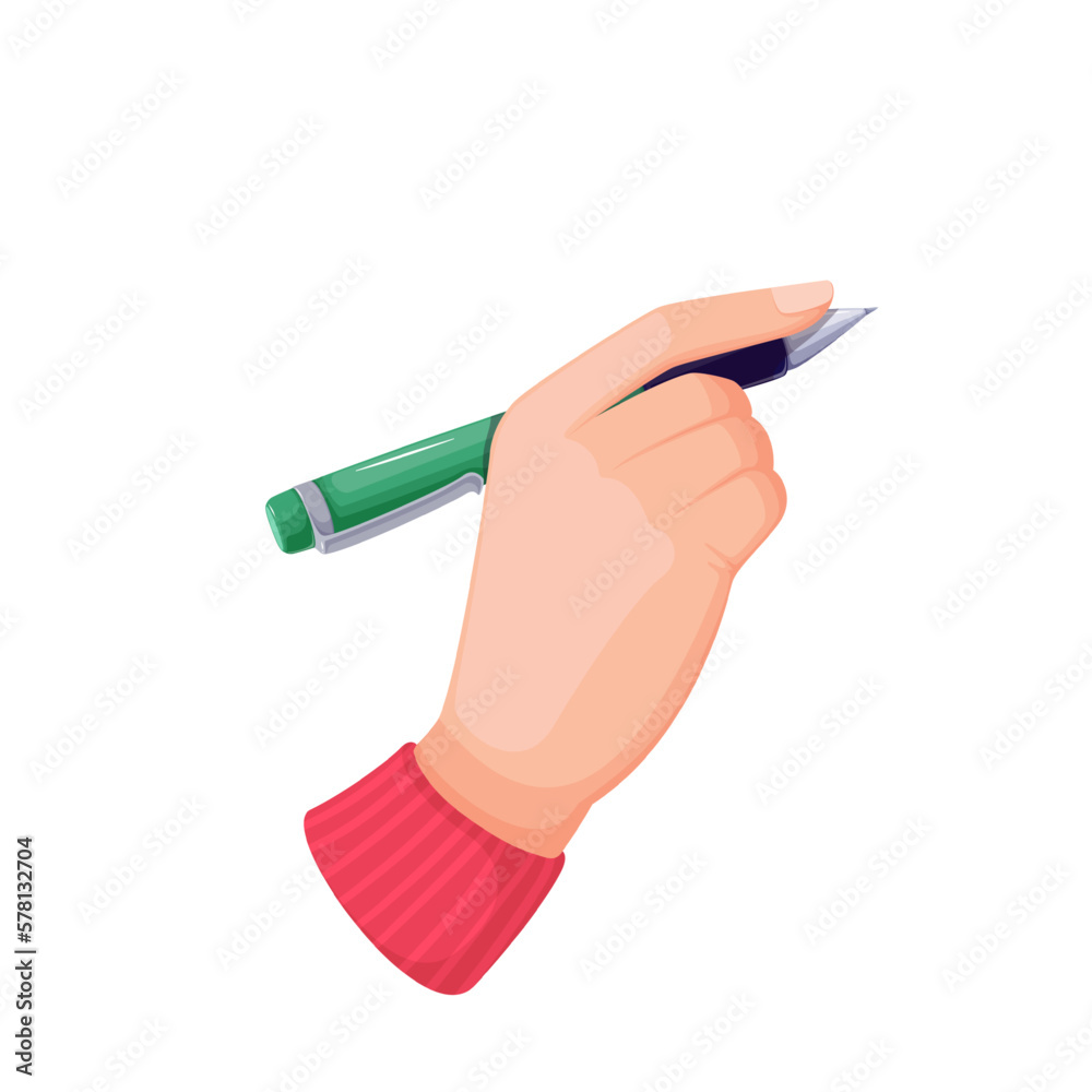 Hand holding biro pen vector illustration. Cartoon isolated human arm