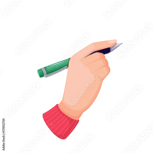 Hand holding biro pen vector illustration. Cartoon isolated human arm of author or student writing with plastic ballpoint pen with metal tip, person using office and school stationery to sign document
