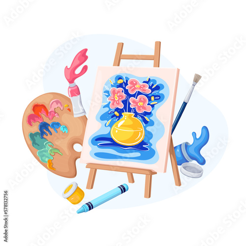 Easel with painting on canvas and artists tools vector illustration. Cartoon isolated wooden stand with art picture of flowers in vase, painters brush, color palette and paint in tubes and bottles