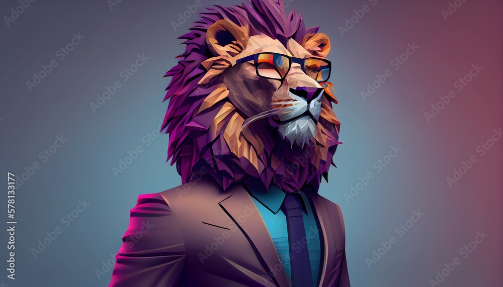 Fashion lion in color suit with sunglasses on a solid color background, vector art, digital art, faceted, minimal, abstract, geometric. Generative AI.