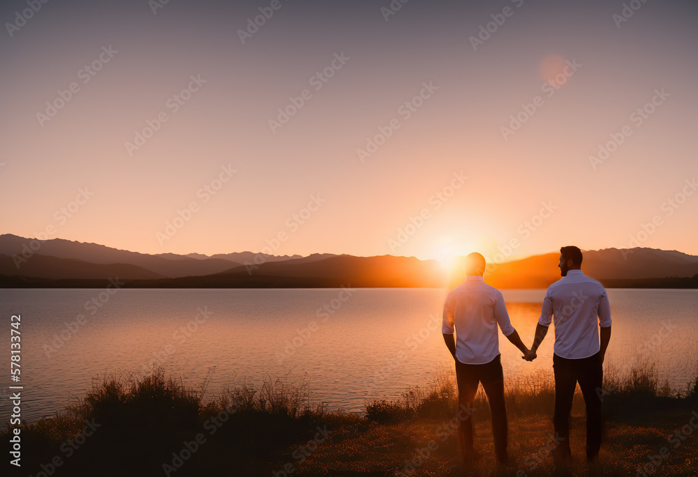 Gay male couple standing hand in hand in a lake at sunset with the sun setting