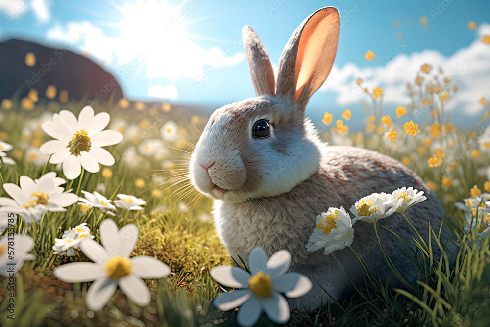 Fototapeta premium Easter bunny and easter eggs on the green meadow, generative AI