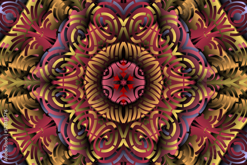 Beautiful caleidoscope symmetrical colourful gradient flowers line art of traditional background batik dayak ornament design template elements 