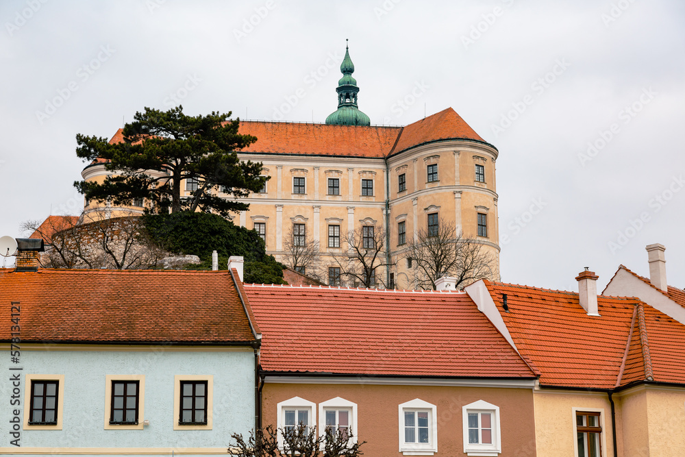 Mikulov city view on the streets and castle architecture at early spring
