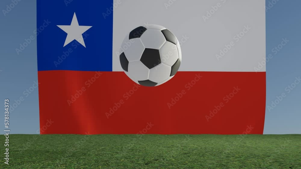 Soccer Football bouncing on grass colliding with viewer in front of Flag of Chile Soccer Football bouncing on grass colliding with viewer in front of Flag of Chile