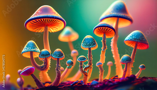 Magical Mushroom Garden with Vibrant Hues. Hallucinogenic Fungi. Generative AI