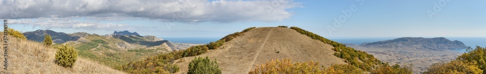 Panorama from Ai-Georgiy towards Meganom and Kara Dag Mountain, Crimea.