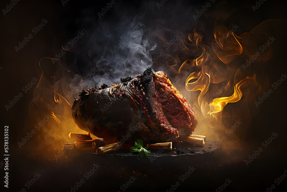 Naklejka premium Grilled beef steak on fire with rosemary and spices. Steak with fire and smoke. Baked meat. Delicious dish. Generative AI technology.