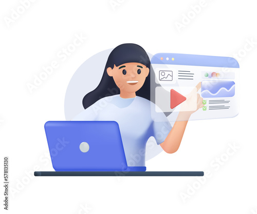 Content manager works at laptop 3D illustration. Website editor editing online page at computer. Woman surfing internet. CMS, information technology concept. 3D render vector illustration isolated
