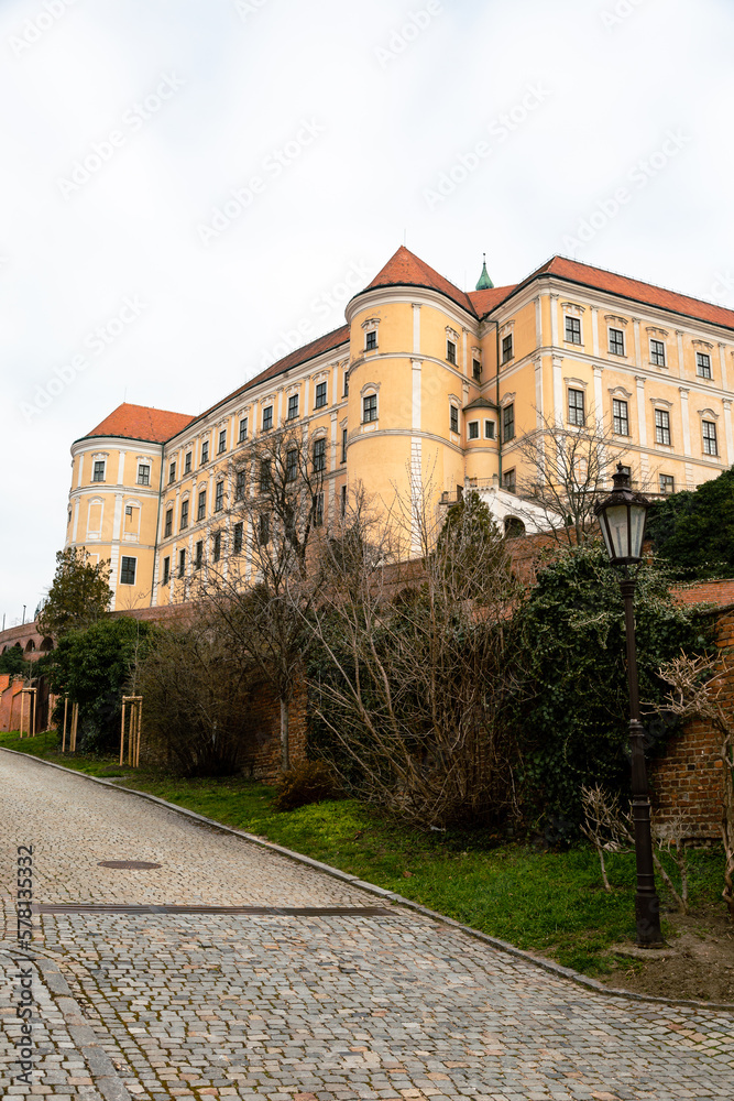 Mikulov city view on the streets and castle architecture at early spring