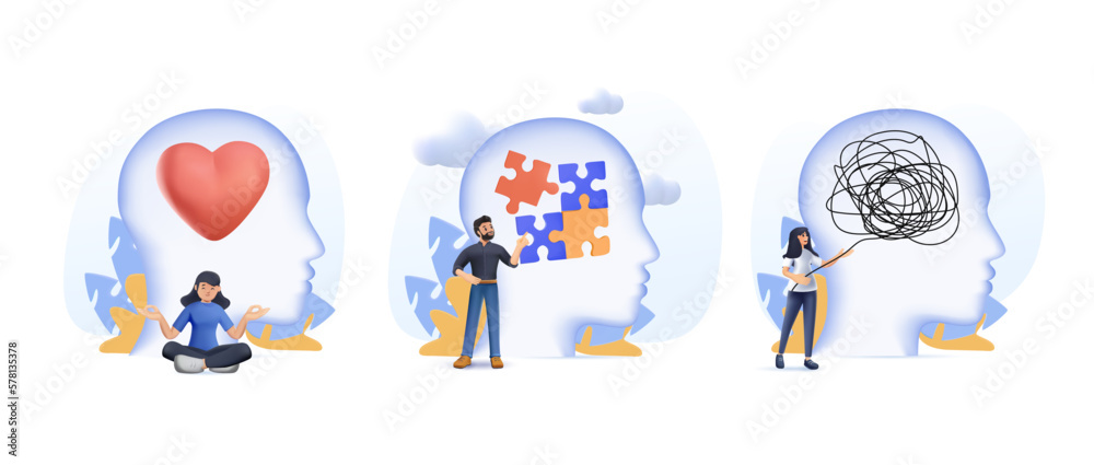 Mental health 3D illustration set. Man and woman with mental disorder fight against stress. 3D depression, emotional burnout and other psychological problems. Psychotherapy 3D Vector illustration Mental health 3D illustration set. Man and woman with mental disorder fight against stress. 3D depression, emotional burnout and other psychological problems. Psychotherapy 3D Vector illustration