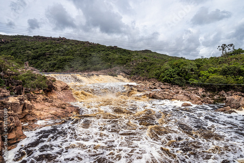 Donana Waterfall in Paraguassu River with dark waters in Andarai, Chapada Diamantina, Bahia in Brazil photo